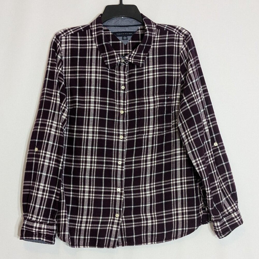TOMMY HILFIGER Purple Plaid Roll-Tab Sleeve Flannel Button Shirt; Size XL